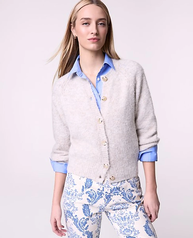 Ann Taylor Weekend Cozy Crew Neck Cardigan Neutral Women's