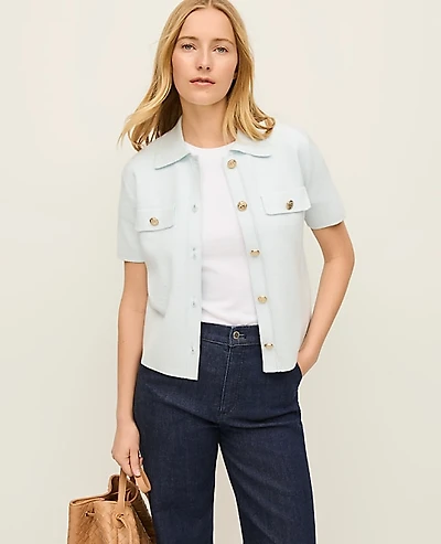 Ann Taylor Collared Short Sleeve Cardigan Pale Sky Women's