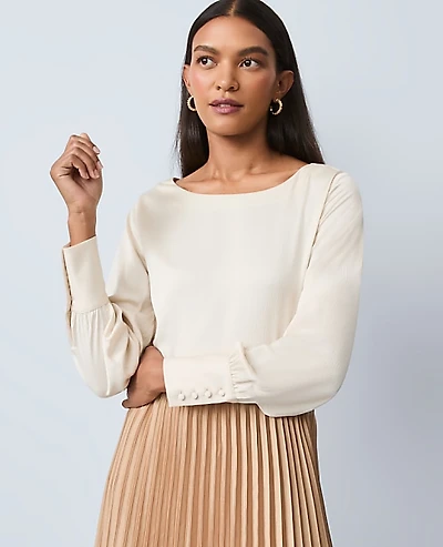 Ann Taylor Petite Satin Boat Neck Popover Top Size 2XS Feather Women's