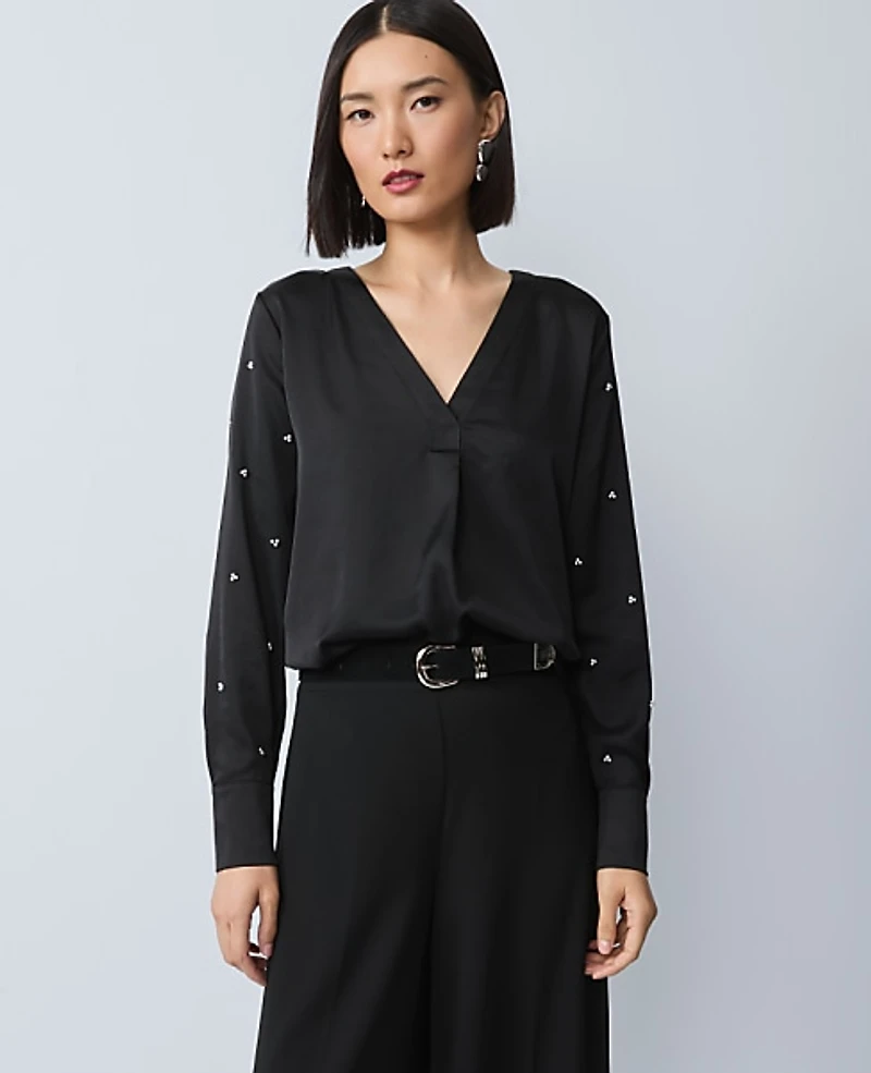 Ann Taylor Pearl Embellished Mixed Media Top Black Women's