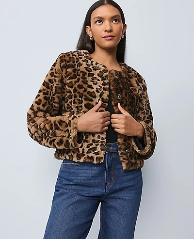 Ann Taylor Petite Weekend Faux Fur Animal Print Jacket Textured Leopard Women's