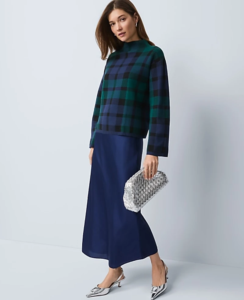 Ann Taylor Plaid Mock Neck Sweater Rainforest Women's