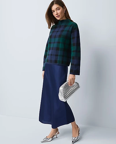 Ann Taylor Plaid Mock Neck Sweater Rainforest Women's
