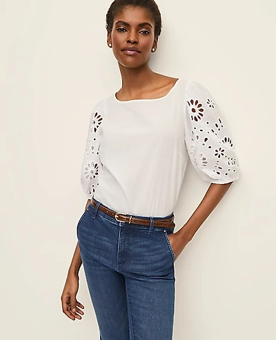 Ann Taylor Embroidered Boatneck Popover Top Women's