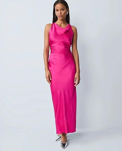 Ann Taylor Petite Halter Bias Satin Maxi Dress Electric Pink Women's