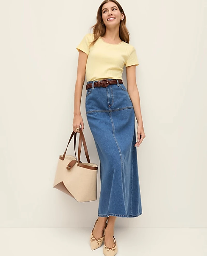 Ann Taylor Weekend Denim Midi Skirt Bright Medium Stone Wash Women's