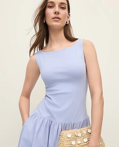 Ann Taylor Mixed Media Boatneck Midi Dress Size Small Blue Hydrangea Women's
