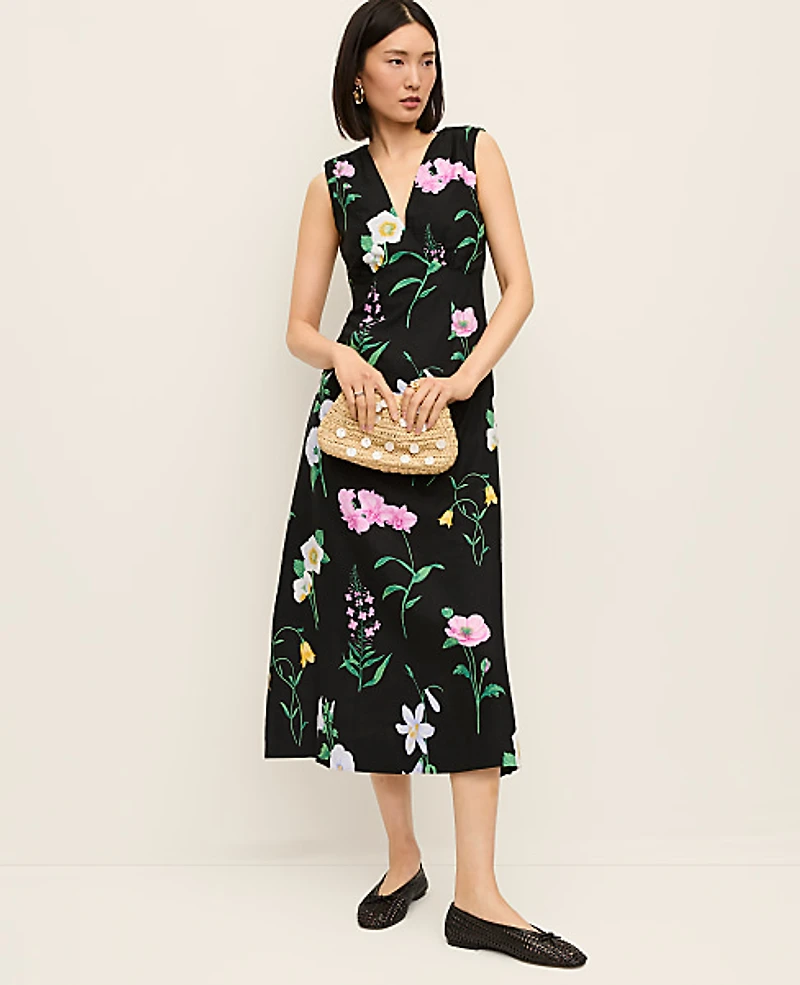 Ann Taylor Floral Linen Blend Midi Dress Black Women's