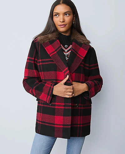 Ann Taylor Weekend Plaid Faux Fur Trimmed Peacoat Black Women's