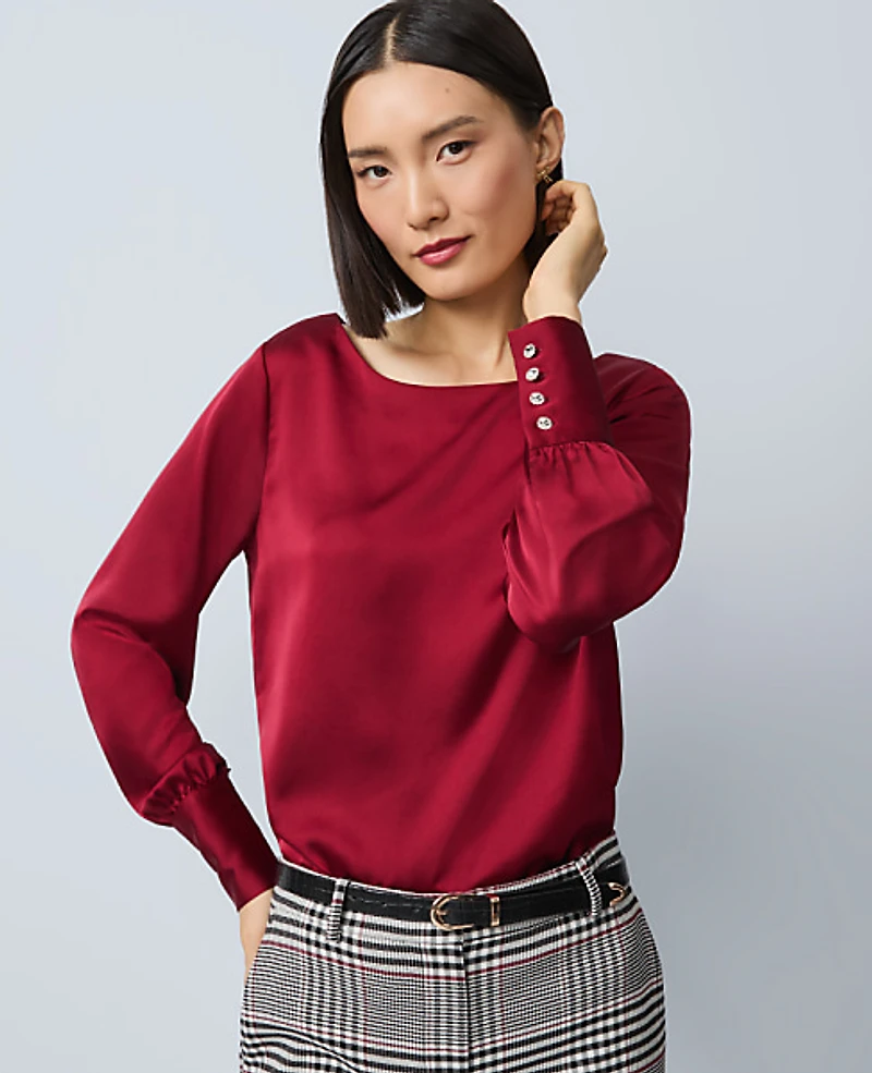 Ann Taylor Petite Satin Boat Neck Popover Top Size 2XS Cherry Pie Women's