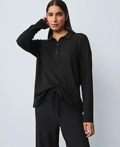 Ann Taylor Waffle Henley Lounge Top Size Small Black Women's