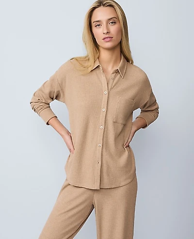 Ann Taylor Waffle Button Down Lounge Top Warm Sand Heather Women's