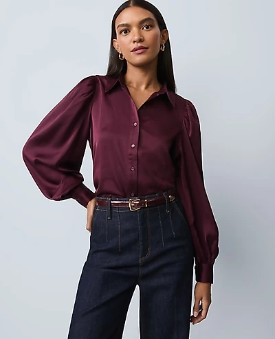 Ann Taylor Petite Satin Blouson Sleeve Blouse Size Small Poised Plum Women's