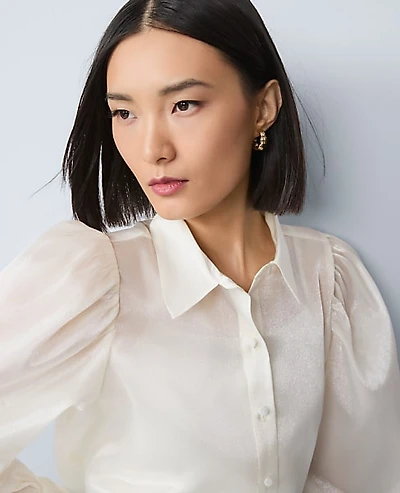 Ann Taylor Petite Collared Shirred Yoke Button Down Shirt Winter White Women's