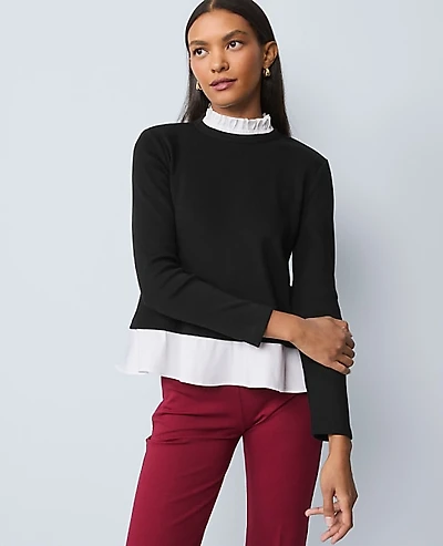 Ann Taylor Weekend Ruffle Mix Media Top Women's