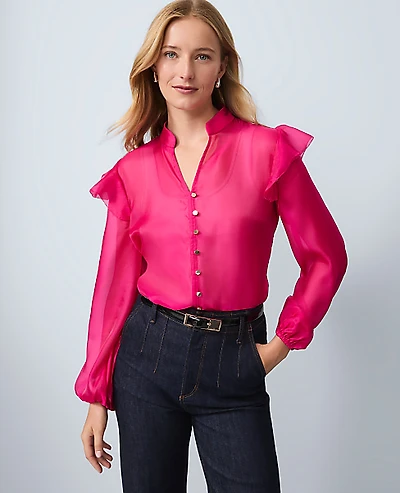 Ann Taylor Ruffle Trim Blouse Electric Pink Women's