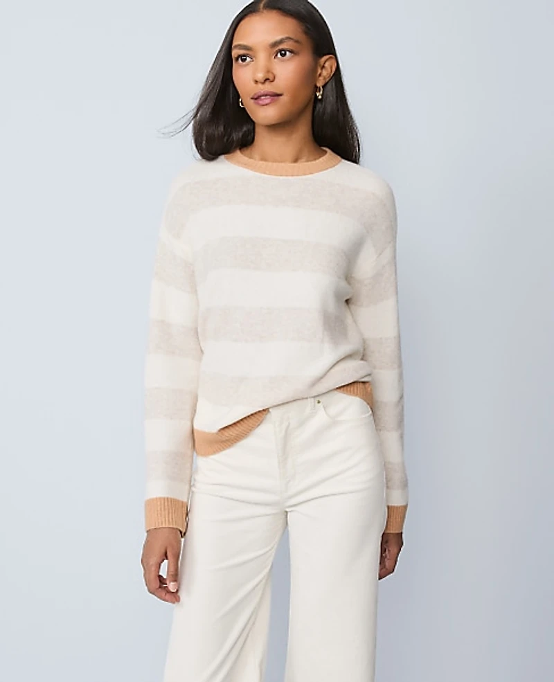 Ann Taylor Petite Weekend Striped Crew Neck Sweater Neutral Women's