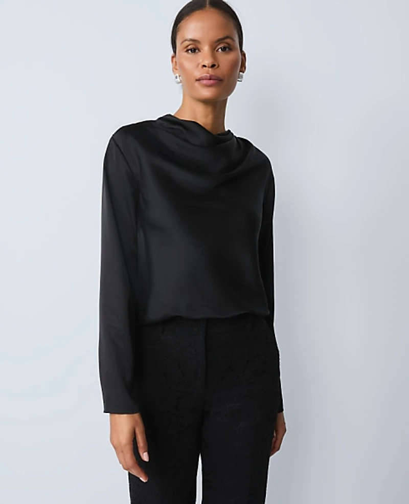 Ann Taylor Petite Asymmetric Satin Top Size Small Black Women's