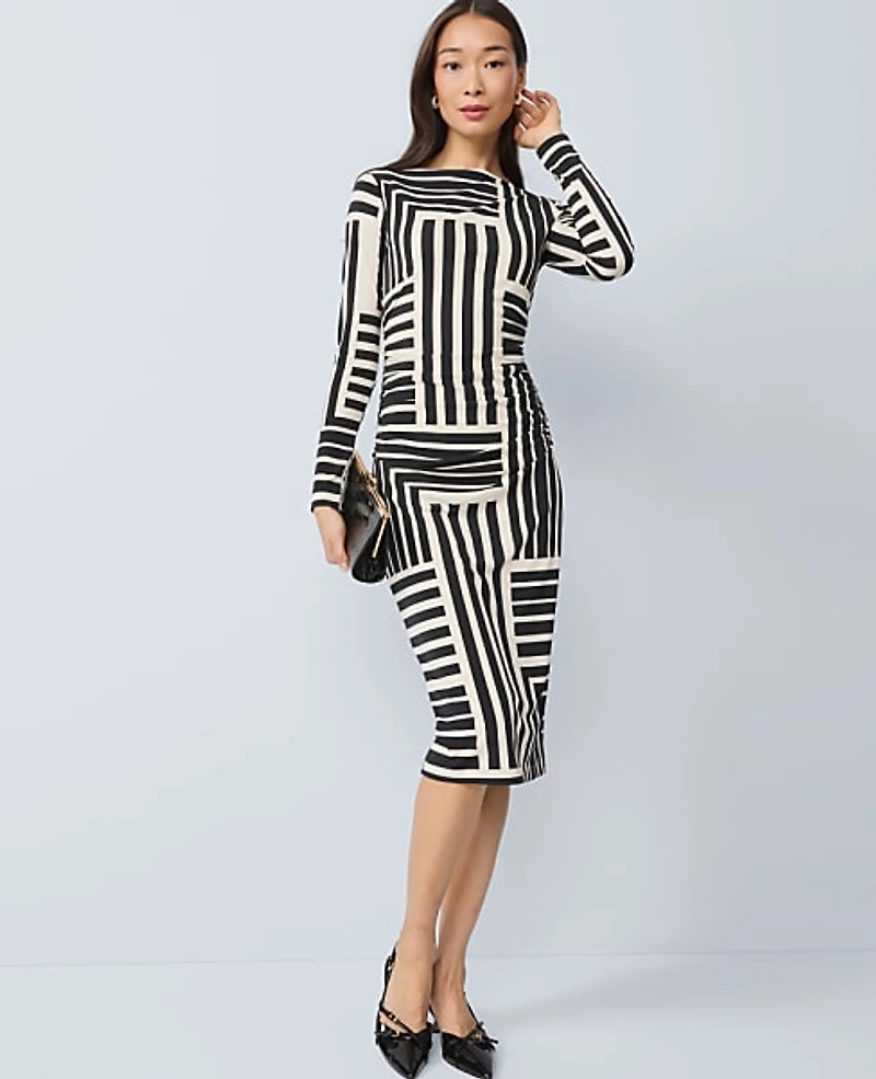 Ann Taylor Petite Geo Ruched Knit Midi Dress Size 6 Black Women's