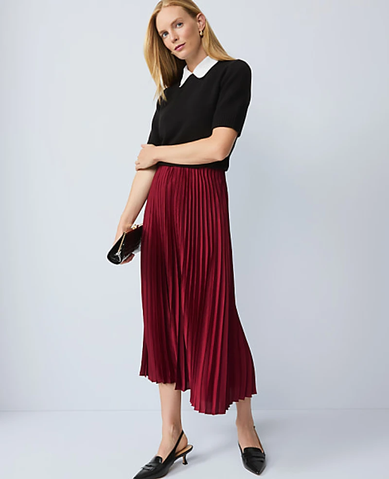 Ann Taylor Petite Satin Pleated Midi Skirt Size 2XS Cherry Pie Women's