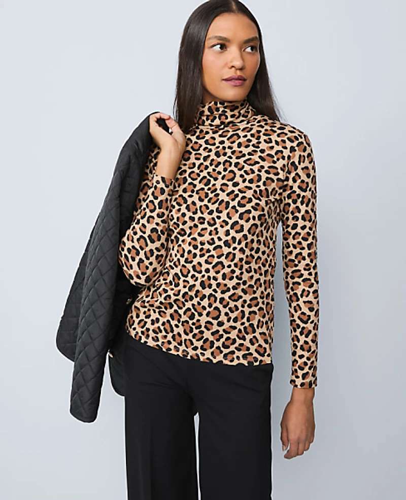 Ann Taylor Weekend Animal Print Turtleneck Top Cafe Au Lait Women's