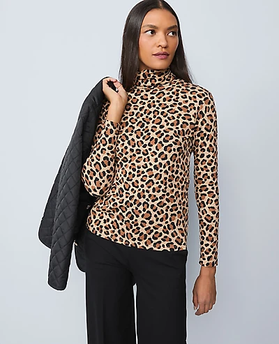 Ann Taylor Weekend Animal Print Turtleneck Top Cafe Au Lait Women's