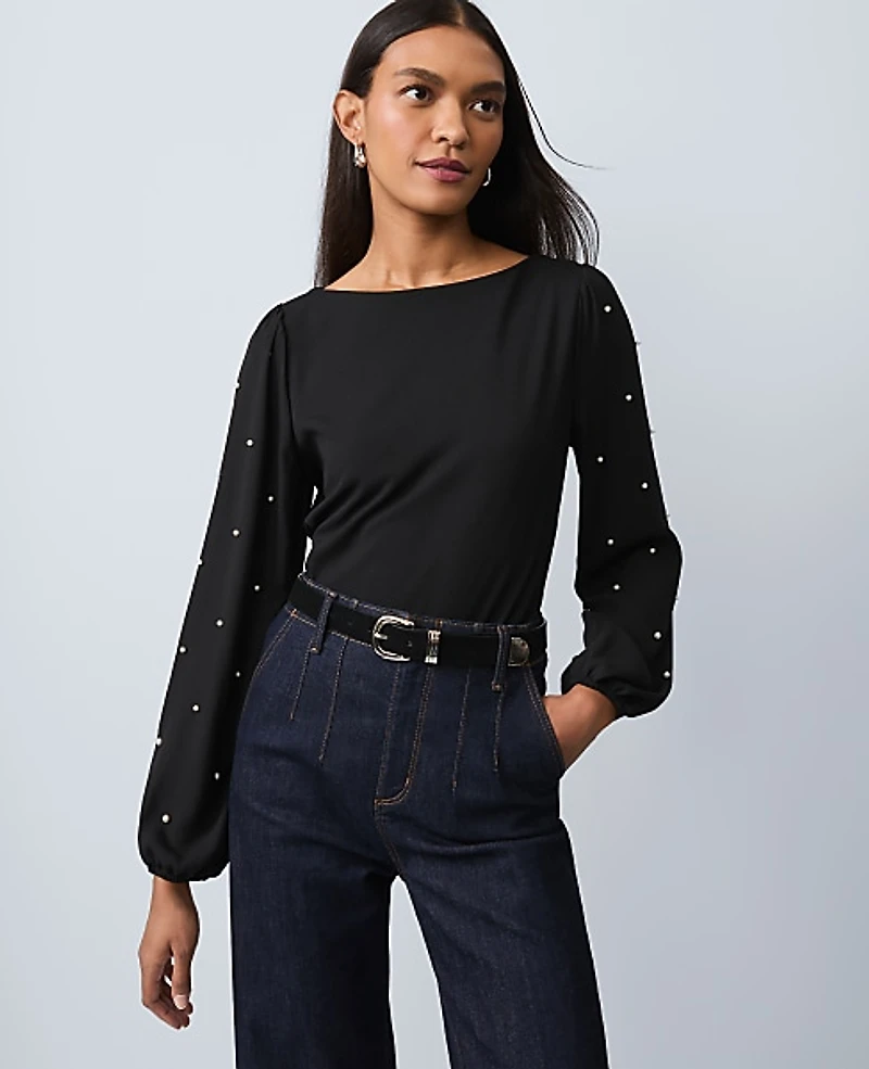 Ann Taylor Petite Mixed Media Embellished-Sleeve Top Women's