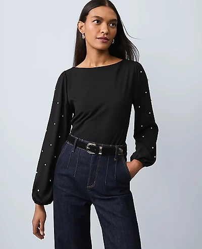 Ann Taylor Petite Mixed Media Embellished-Sleeve Top Women's