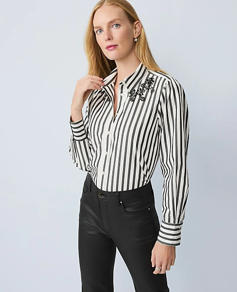 Ann Taylor Petite Striped Embellished Shirt Size Large Black Women's
