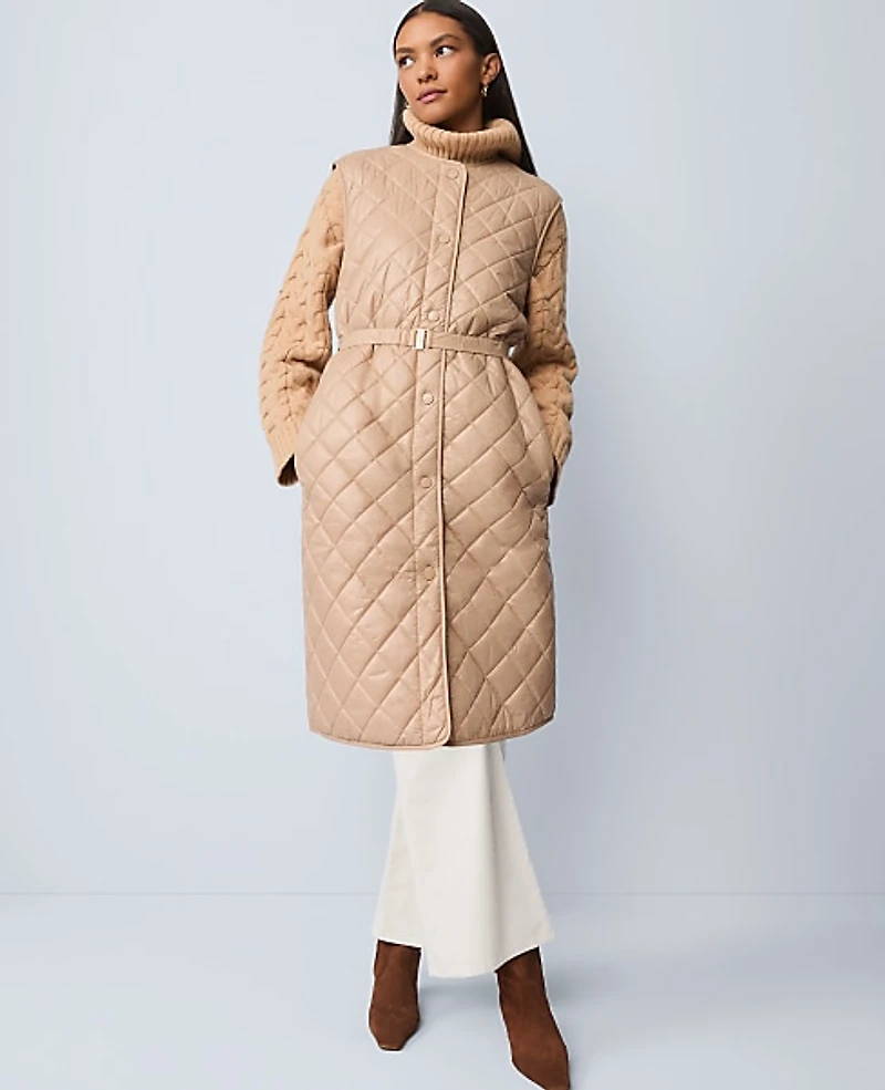 Ann Taylor Petite Weekend Quilted Long Puffer Vest Cafe Au Lait Women's