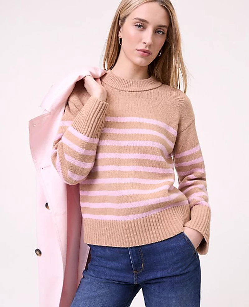 Ann Taylor Petite Weekend Striped Crew Neck Sweater Camel Multi Women's