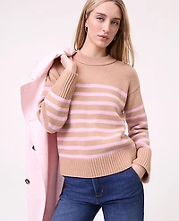 Ann Taylor Petite Weekend Striped Crew Neck Sweater Camel Multi Women's