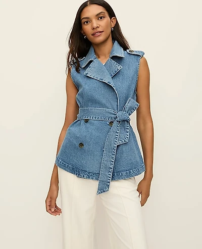 Ann Taylor Belted Denim Vest Size M/L Soft Denim Blue Women's