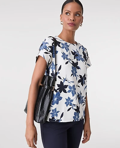 Ann Taylor Petite Floral Mixed Media Crew Neck T-Shirt Size 2XS Winter White Women's