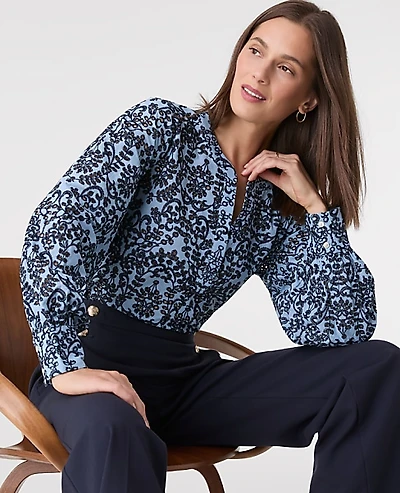Ann Taylor Petite Embroidered Floral Blouse Blue Multi Women's