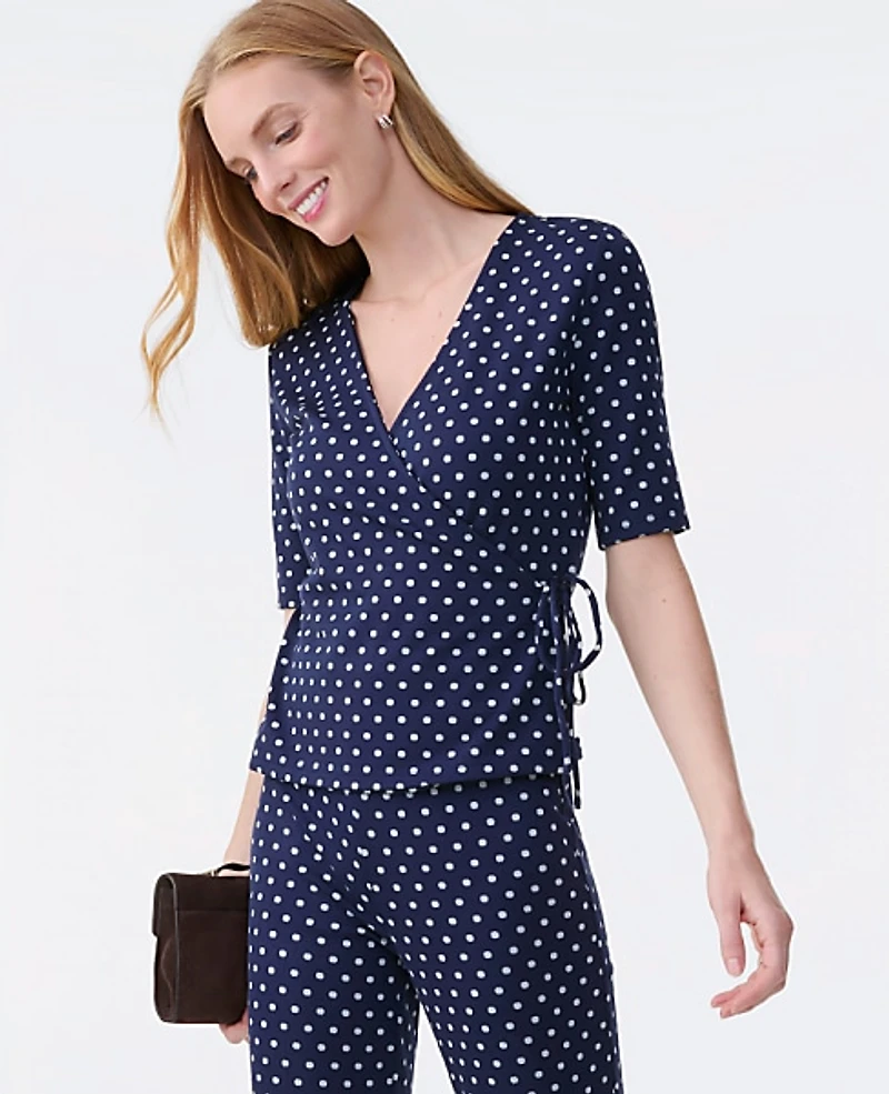 Ann Taylor Petite Dotted Tie Waist Knit Wrap Top Size 2XS Night Sky Women's