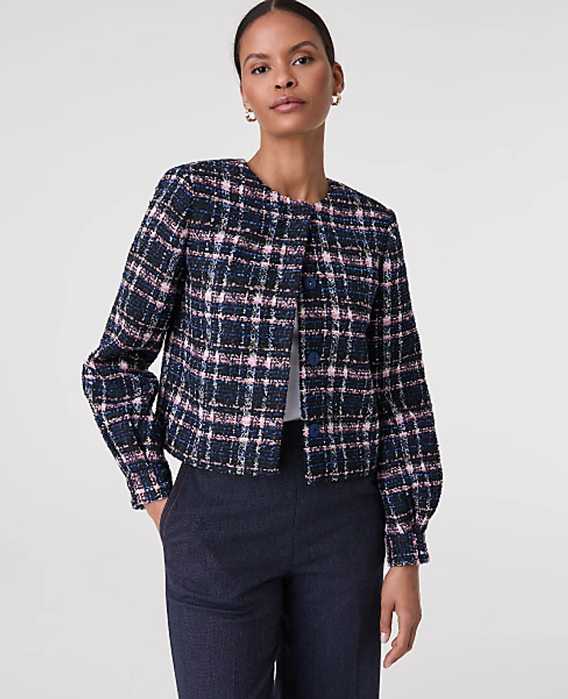 Ann Taylor The Petite Crew Neck Jacket Plaid Tweed Pink/Blue Women's