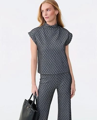 Ann Taylor Petite Plaid Ponte Mock Neck Top Black Women's