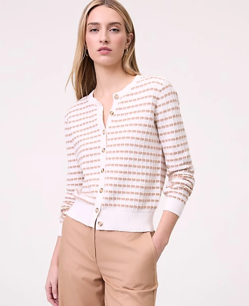 Ann Taylor Striped Cardigan Camel/White Combo Women's