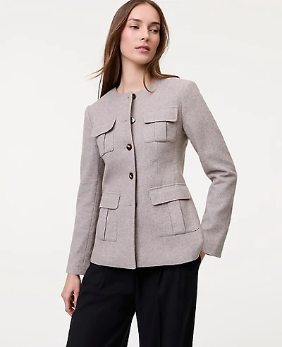 Ann Taylor The Petite Fitted Crew Neck Jacket Herringbone Mixed Tan Women's