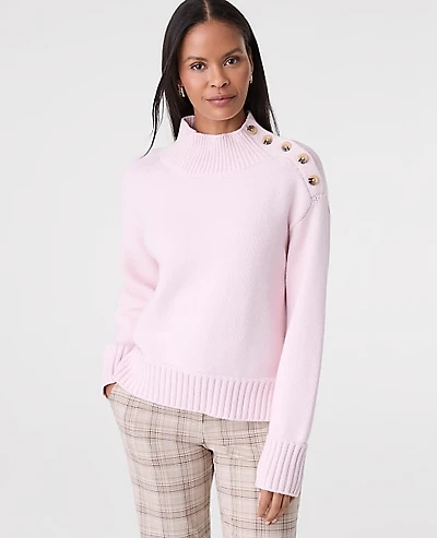 Ann Taylor Petite Button Mock Neck Sweater Pink Ribbon Women's