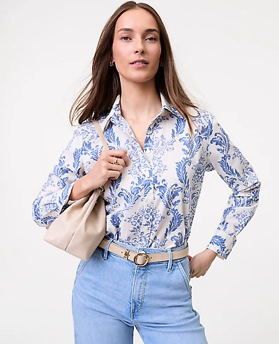 Ann Taylor Weekend Toile Relaxed Perfect Shirt Size XS Feather - Light Blue Women's