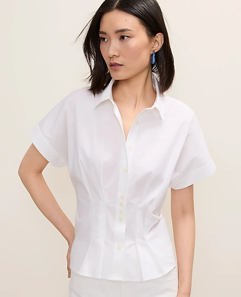 Ann Taylor Pleated Collared Blouse Size 6 White Women's