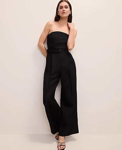 Ann Taylor Belted Strapless Jumpsuit Linen Blend Black Women's
