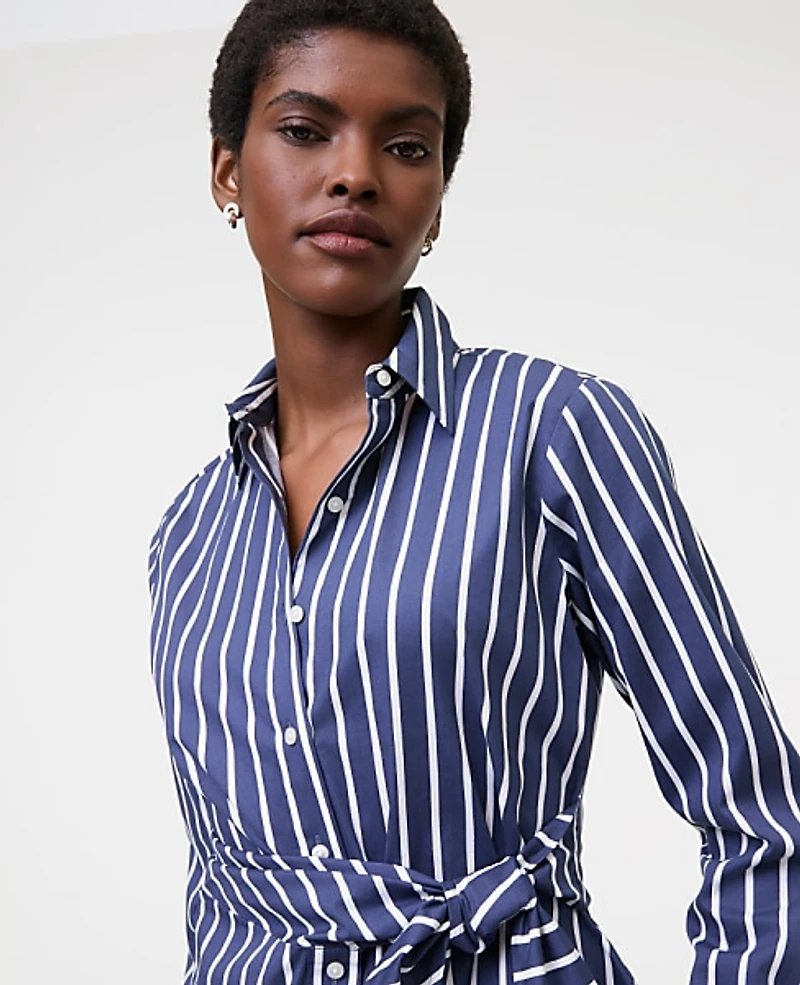 Ann Taylor Striped Tie Waist Button Down Shirt Subdued Navy Women's