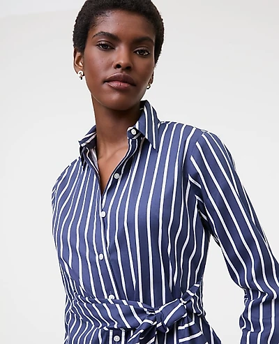 Ann Taylor Striped Tie Waist Button Down Shirt Subdued Navy Women's