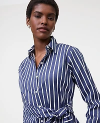 Ann Taylor Striped Tie Waist Button Down Shirt Subdued Navy Women's