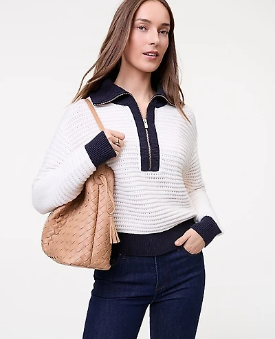 Ann Taylor Petite Weekend Striped Half-Zip Sweater Winter White Women's