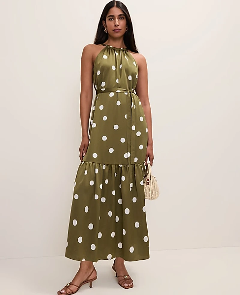 Ann Taylor Polka Dot Tiered Maxi Dress Moss Green Women's