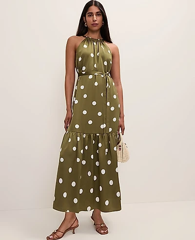 Ann Taylor Polka Dot Tiered Maxi Dress Moss Green Women's